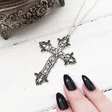 Large Detailed Gothic Silver Tone Cross Pendant & Necklace