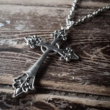 Large Detailed Gothic Silver Tone Cross Pendant & Necklace