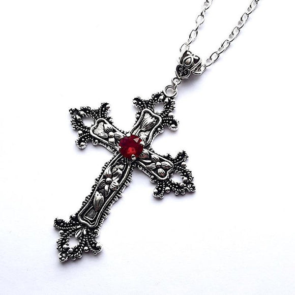 Large Detailed Gothic Silver Tone Cross Pendant & Necklace