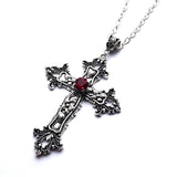 Large Detailed Gothic Silver Tone Cross Pendant & Necklace