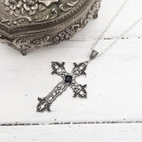 Large Detailed Gothic Silver Tone Cross Pendant & Necklace